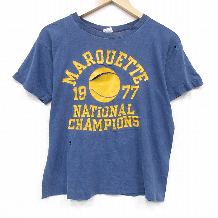 M★古着 チャンピオン champion 半袖 ビンテージ Tシャツ メンズ 70年代 70s MAROUETTE 4連プリントコットン クルーネック ネイビー【spe】 26jun04