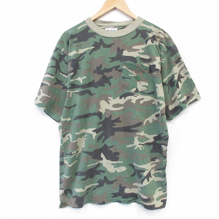 90s 半袖Tシャツ 胸ポケット付き ウッドランドカモ カーキ メンズL相当 | 古着