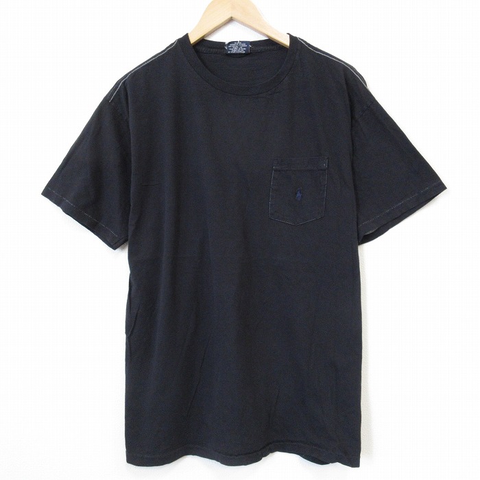 XL★古着 ラルフローレン 半袖 ビンテージ ブランド Tシャツ メンズ 90年代 90s ワンポイントロゴ 胸ポケット付き 大きいサイズ コットン クルーネック USA製 ブラック【spe】 26jun08