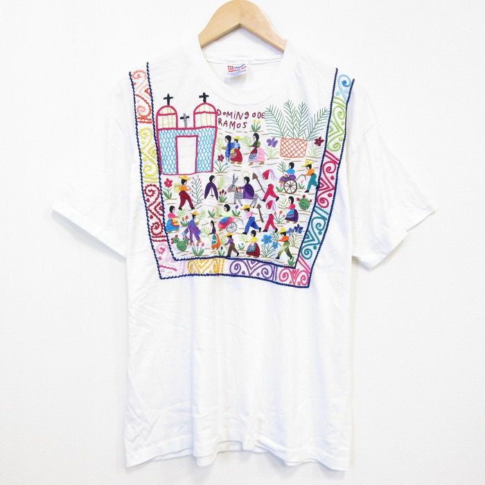 XL★古着 ヘインズ 半袖 ビンテージ Tシャツ メンズ 90年代 90s 刺繍 クルーネック USA製 ホワイト 26jun11