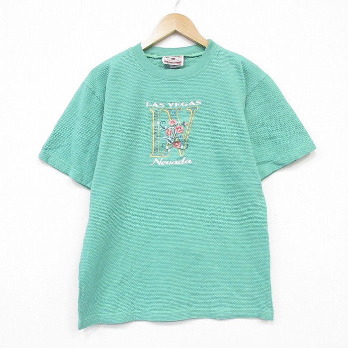90s 半袖Tシャツ ラスベガス刺繍 グリーン メンズM相当 | 古着