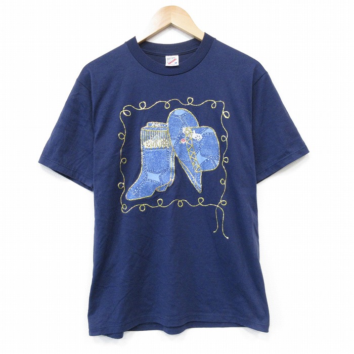 90s 半袖Tシャツ ハット ブーツ ネイビー メンズM相当 | 古着