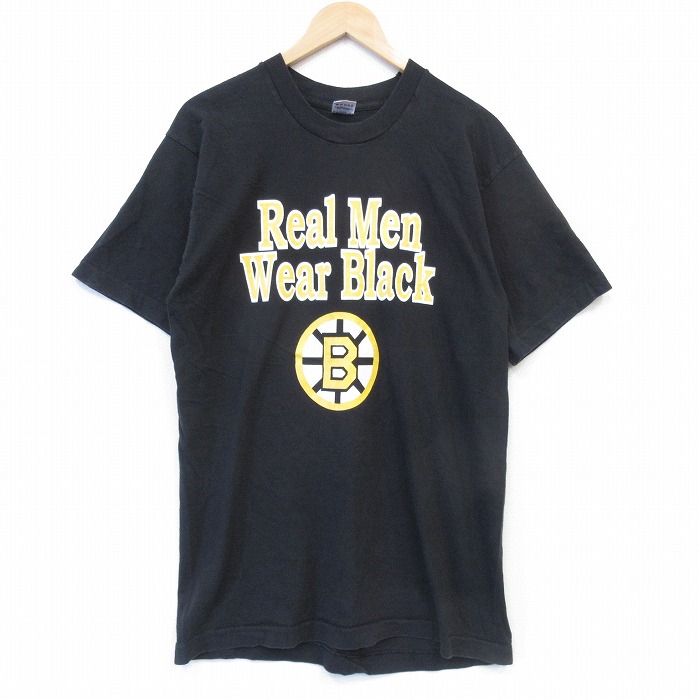 フルーツオブザルーム 90s 半袖Tシャツ NHLボストンブルーインズプリント ブラック メンズL相当 | 古着