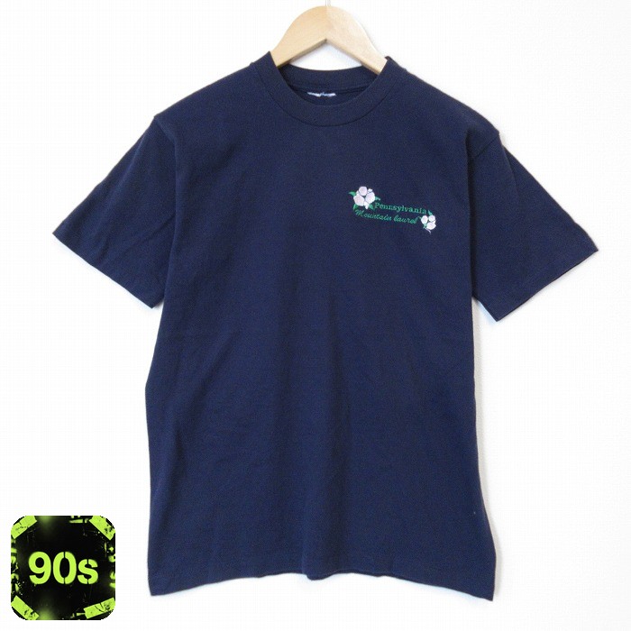 90s 半袖Tシャツ 花 ネイビー メンズM相当 | 古着