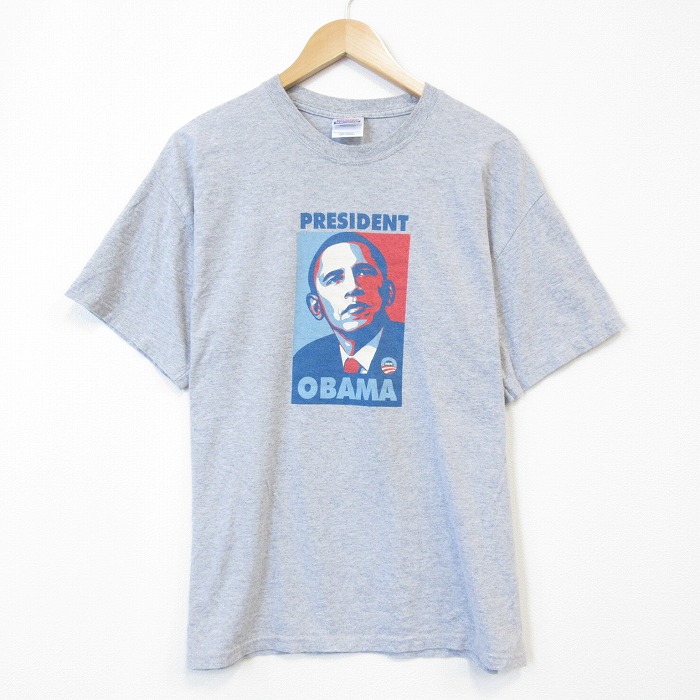 【20%OFF】ヘインズ 00s 半袖Tシャツ オバマ大統領 グレー メンズL相当 | 古着