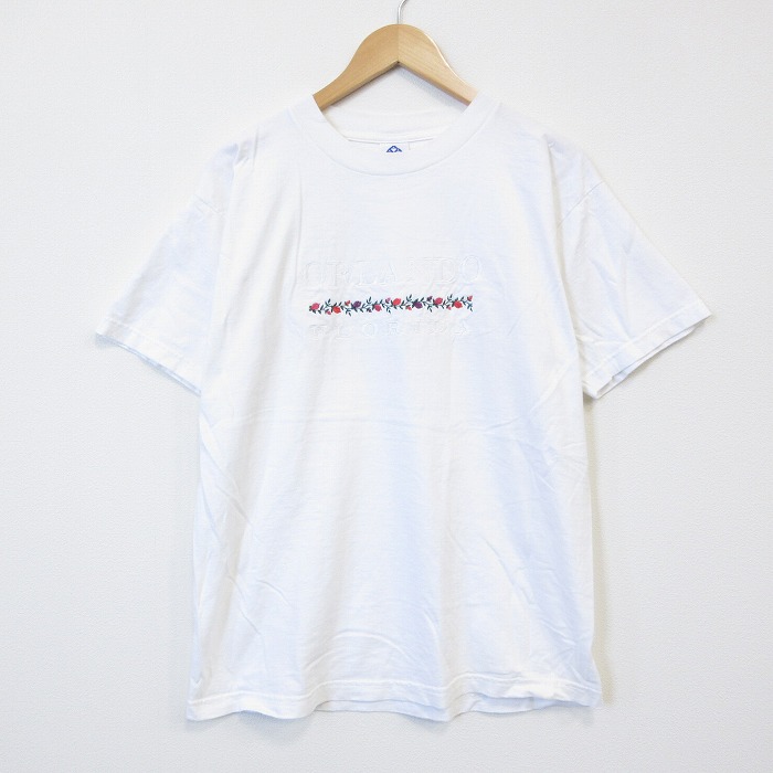 00s 半袖Tシャツ 花刺繍 ホワイト メンズM相当 | 古着