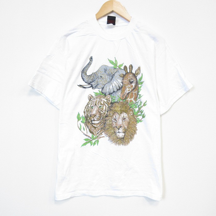 90s 半袖Tシャツ ライオン ゾウ ホワイト メンズL相当 | 古着