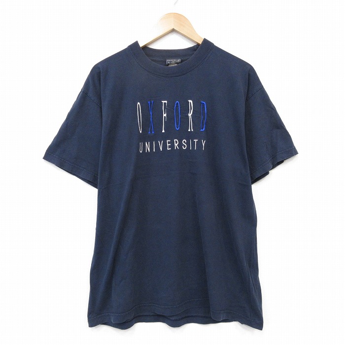 00s 半袖Tシャツ オックスフォード刺繍 ネイビー メンズXL相当 | 古着