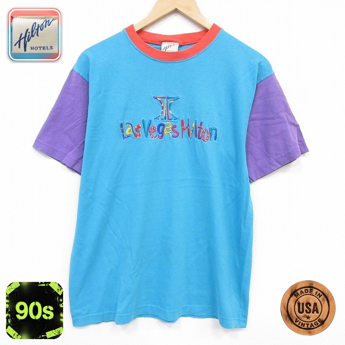 90s 半袖Tシャツ ラスベガス刺繍 ブルー メンズM相当 | 古着