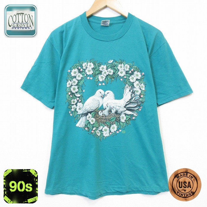 90s 半袖Tシャツ 鳥 グリーン メンズL相当 | 古着