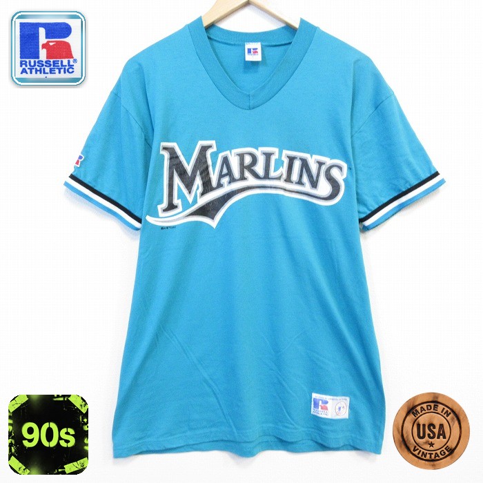 ラッセル 90s 半袖Tシャツ MLBマイアミマーリンズ ライトブルー メンズL相当 | 古着