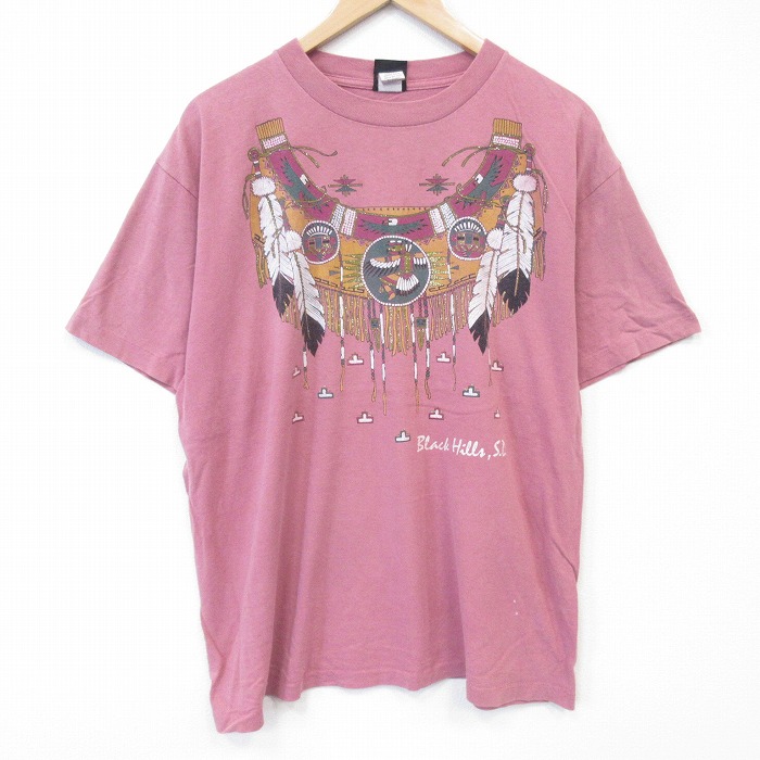 XL★古着 半袖 ビンテージ Tシャツ メンズ 90年代 90s 首飾り コットン クルーネック USA製 ピンク 26aug04
