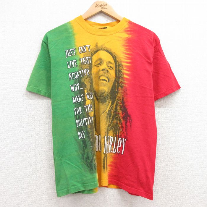 M★古着 半袖 ビンテージ ロック バンド Tシャツ メンズ 90年代 90s ボブマーリー ラスタカラー コットン クルーネック 黄他 イエロー タイダイ 【spe】 25jul10 中古