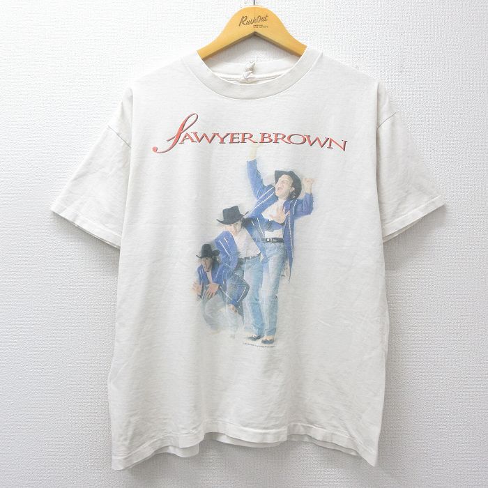XL★古着 半袖 ビンテージ ロック バンド Tシャツ メンズ 90年代 90s ソーヤーブラウン コットン クルーネック USA製 白 26apr25