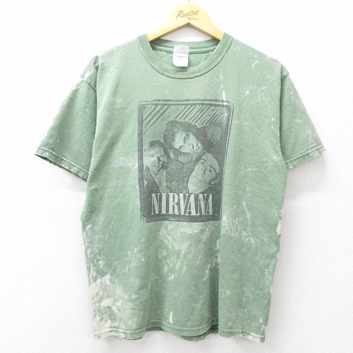 L★古着 半袖 ビンテージ ロック バンド Tシャツ メンズ 00年代 00s ニルバーナ ニルヴァーナ コットン クルーネック 緑他 ブリーチ加工【spe】 26apr25