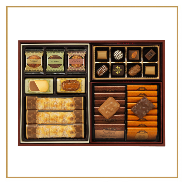 【送料無料】エクセレントギフトEX505<アマンドリーフ×8、クッキー×16(5種類)、マカデミアショコラ×6、リーフパイショコラ×8、アンジェチョコレート×8>