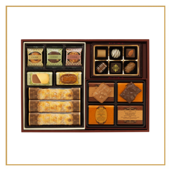 【送料無料】エクセレントギフトEX305<アマンドリーフ×5、クッキー×12(5種類)、マカデミアショコラ×4、リーフパイショコラ×4、アンジェチョコレート×6>