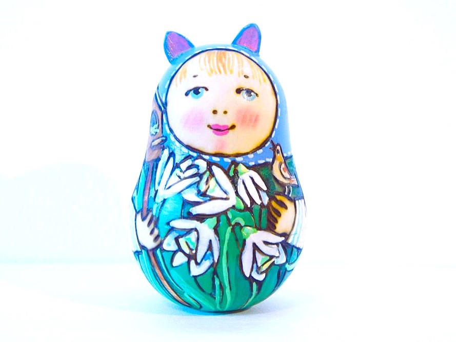 ドゥビニッチ作　ウッドバーニング・耳付きネヴァリャーシカ（起き上がりこぼし）＜スノーフレーク＞　/10cm