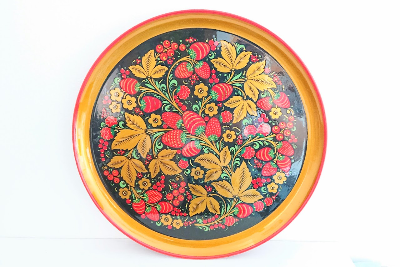 ホフロマ塗り　φ30cm木製丸盆（大皿）　＜イチゴ＆ラズベリー＞