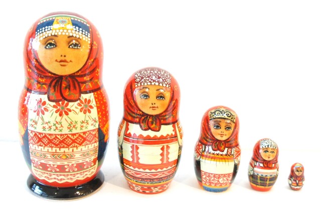 ダラフェエヴァ作　民族衣装マトリョーシカ 5ピース＜カルーガ、オリョール、クルスク、トゥーラ、リャザン＞/10.5cm