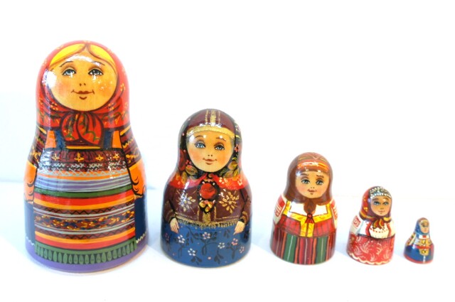 ダラフェエヴァ作　民族衣装ベル型マトリョーシカ　5ピース＜モスクワ、ヴラジーミル、ヴォロネジ、トゥーラ、トヴェーリ＞　/9.5cm