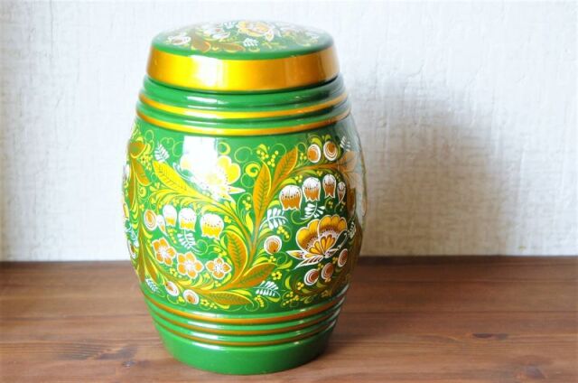 ホフロマ塗り 緑色 スズラン＆ベリー フタ付入れ物 / 高さ22cm×直径16cm