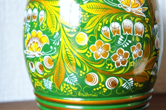 ホフロマ塗り 緑色 スズラン＆ベリー フタ付入れ物 / 高さ22cm×直径16cm