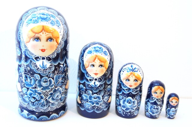 民族衣装マトリョーシカ　5ピース　＜グジェーリ模様・ブルー＞　/15.3cm