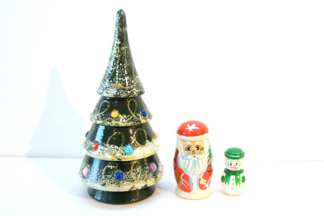 ロシアンクリスマス　ヨールカマトリョーシカ（B）3ピース・4段　ジェド=マロース（サンタ）と雪だるま /13cm