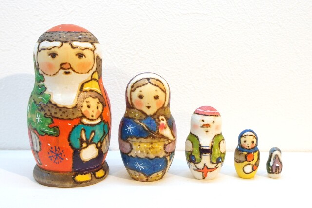 リャボヴァ作　ウッドバーニング・クリスマス卵型オーナメント　5個セット　特製木製BOX入り