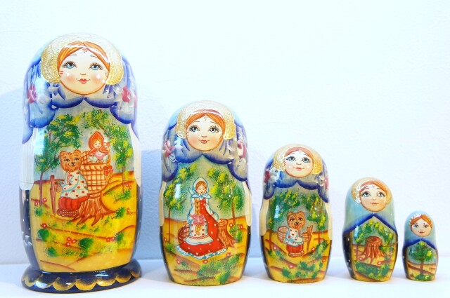 ロシア民話マトリョーシカ「マーシャとくま Маша и Медведь」　5ピース　＜水色＆ブルー＞　/18.6cm