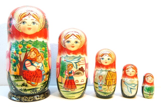 ロシア民話マトリョーシカ「Гуси-леведи　鵞鳥白鳥」5ピース　/　18cm