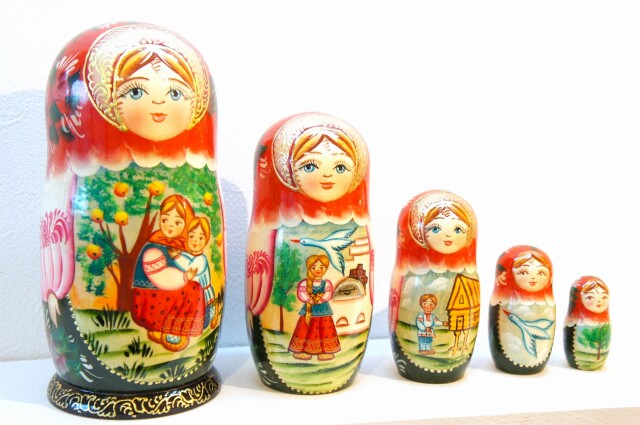 ロシア民話マトリョーシカ「Гуси-леведи 鵞鳥白鳥」5ピース / 18cm