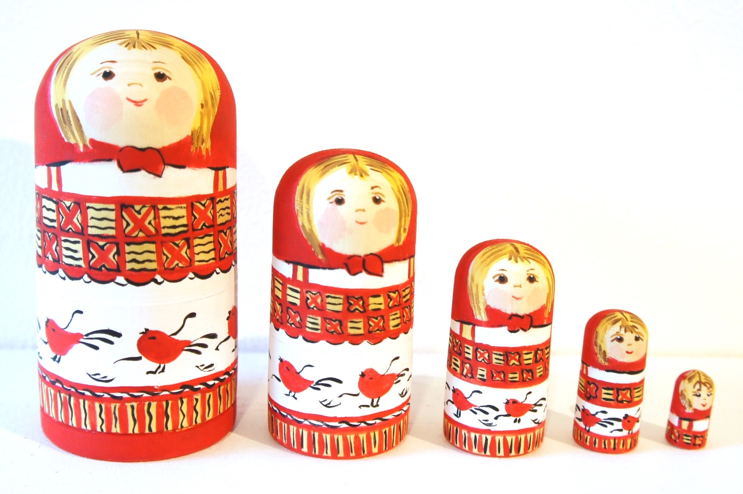 マルンコーヴァ作　メゼーニ塗り　赤ずきんちゃんマトリョーシカ　Sサイズ/ストレートライン　5ピース＜ふっくら鳥＞　/　11.1cm