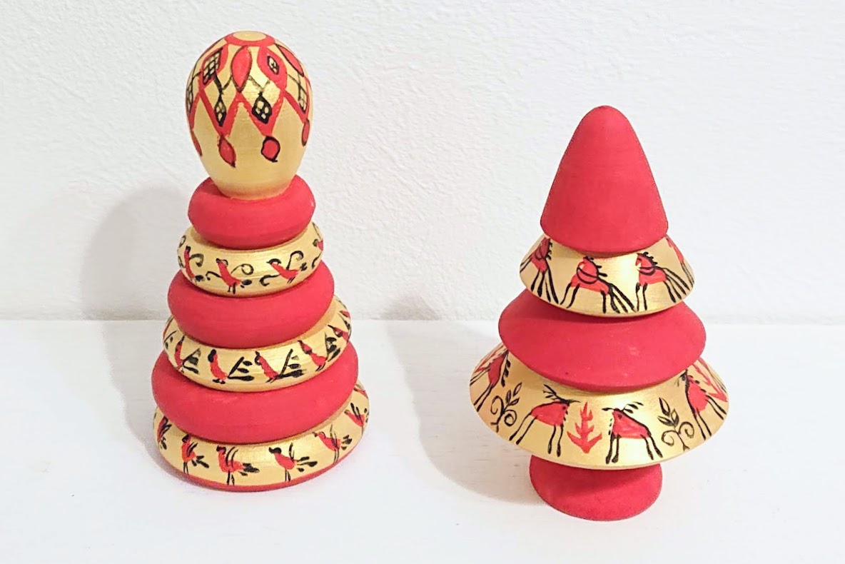 マルンコーヴァ作　メゼーニ塗り　クリスマスツリー（ヨールカ）・積み上げおもちゃ　2種類　/9.4～10.7cm