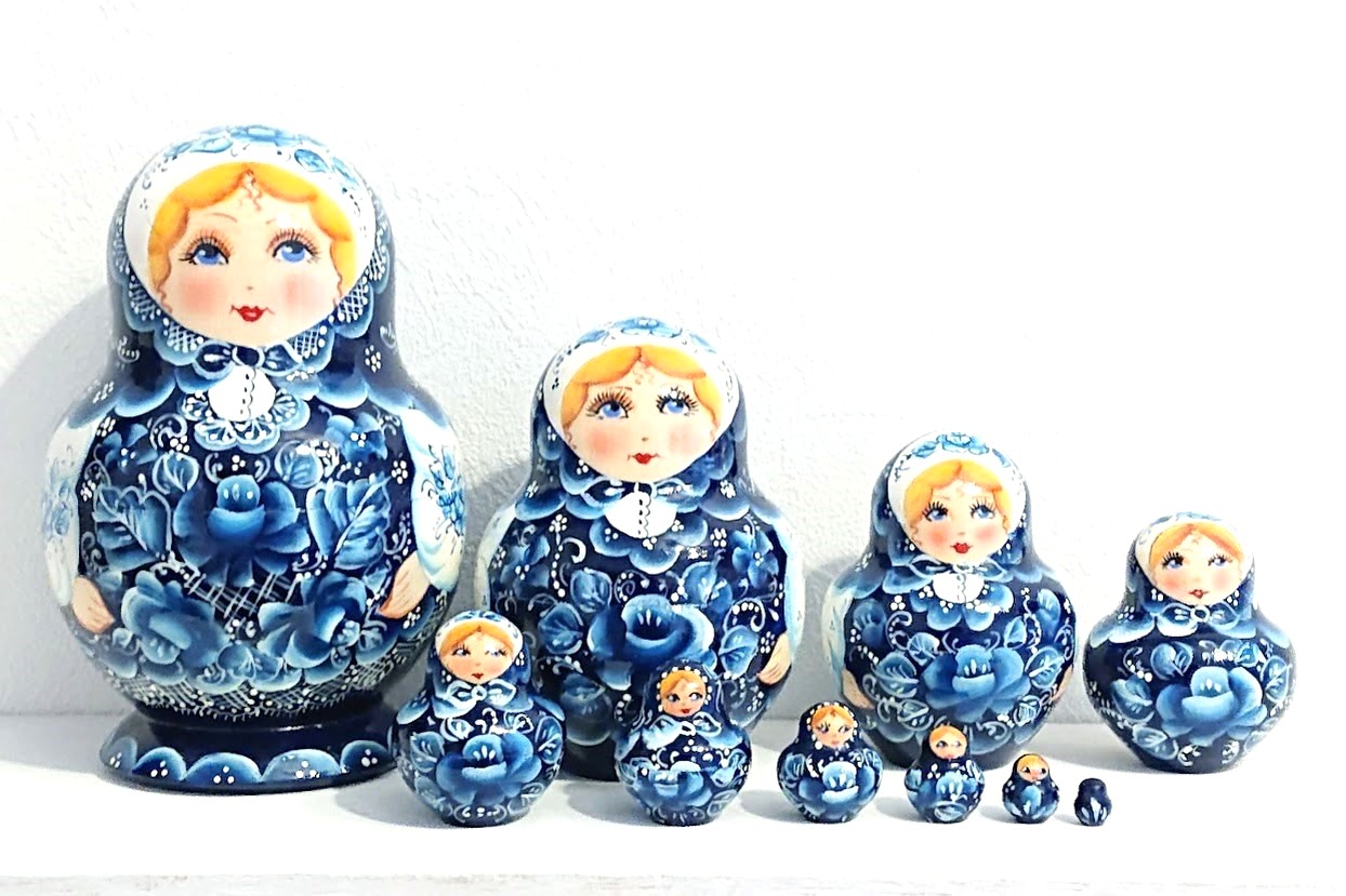 民族衣装マトリョーシカ　10ピース　＜グジェーリ模様・ブルー＞　/15.5cm