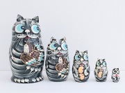 しましまネコの親子マトリョーシカ＜グレイ・小鳥＞　5ピース　/10.5cm