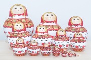 マルンコーヴァ作　大迫力　15ピース！メゼーニ塗り　ダルマ型マトリョーシカ（赤） ＜ふっくら鳥＞　/14cm