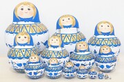 マルンコーヴァ作　大迫力　15ピース！メゼーニ塗り　ダルマ型マトリョーシカ（青） ＜2匹のふっくら鳥＞　/14.4cm