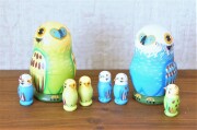 ニキーチン工房作　セキセイインコ親子マトリョーシカ　3+1ピース　2色　/7.3cm　