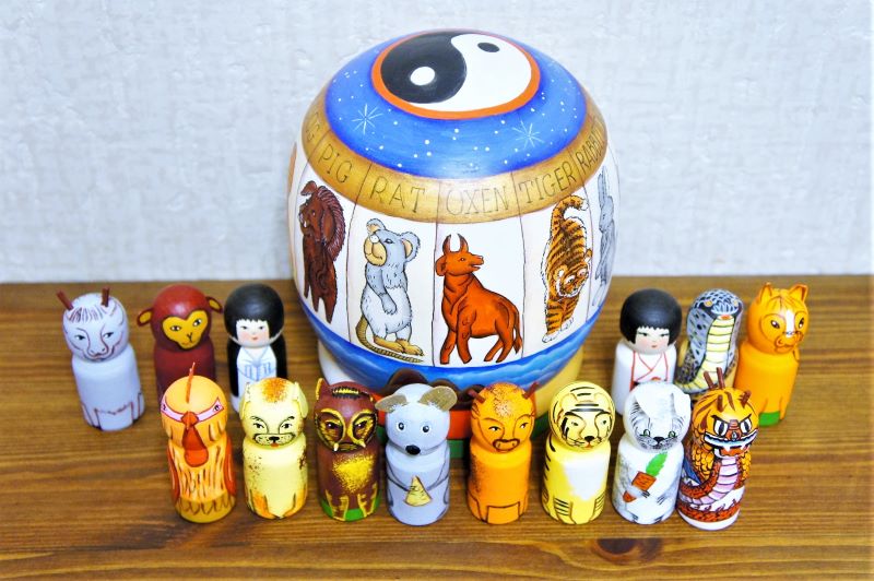 ニキーチン工房作　十二支マトリョーシカ「干支マトリョーシカ」　14+1ピース＜ブルー＞/15cm