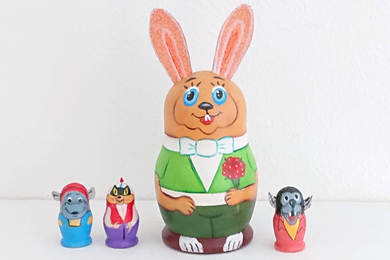 ニキーチン工房作　アニメ「Ну, погоди!（ヌ―、パガヂー！）」ウサギ・オオカミ・カバ・ネコマトリョーシカ　3+1ピース　●10.4cm