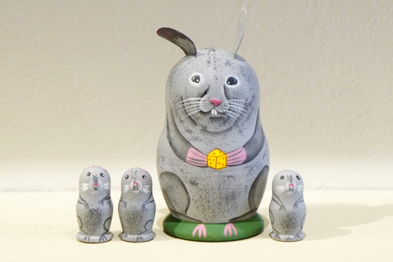ニキーチン工房作　ネズミの親子マトリョーシカ　3+1ピース　/8cm