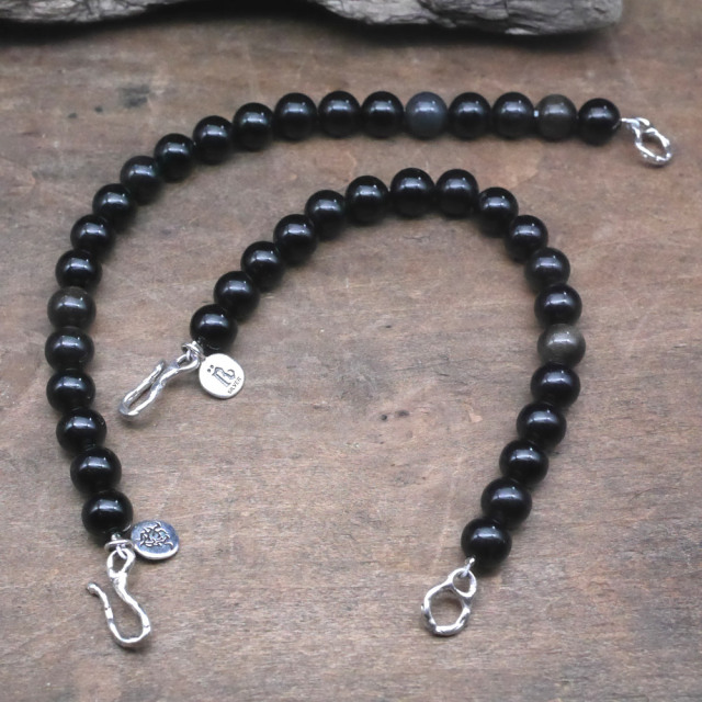 オブシディアン　ビーズブレス　シルバーパーツ