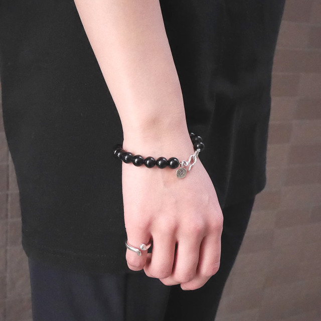 オブシディアン　ビーズブレス　シルバーパーツ