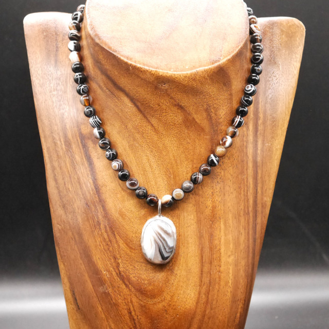 RYOKU　アゲート×シルバートップ　アイアゲートビーズ　天然石ネックレス1点モノ