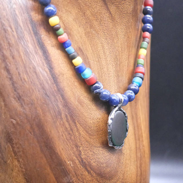 RYOKU　マラカイト×シルバートップ　ソーダーライト＆アンティークビーズ　天然石ネックレス1点モノ