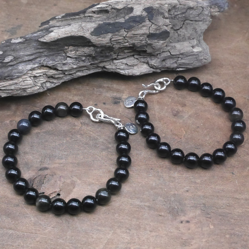 オブシディアン　ビーズブレス　シルバーパーツ