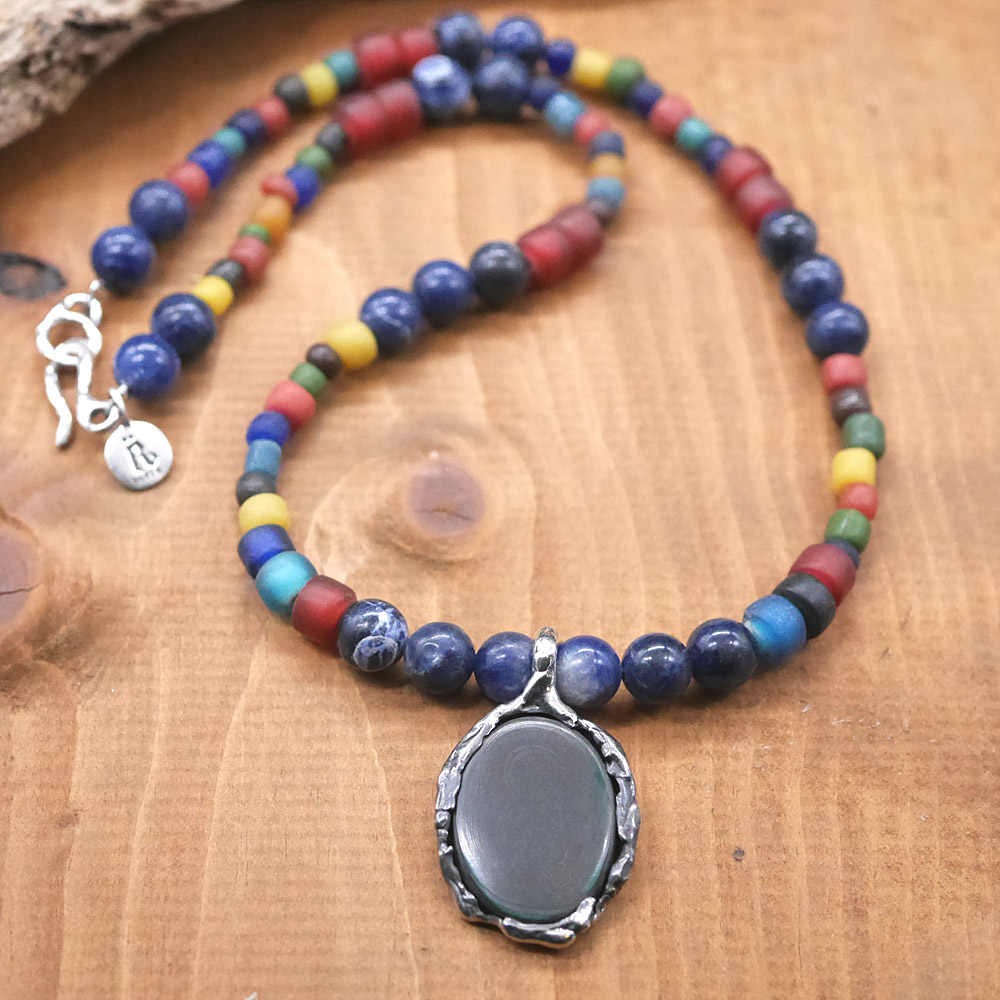 RYOKU　マラカイト×シルバートップ　ソーダーライト＆アンティークビーズ　天然石ネックレス1点モノ