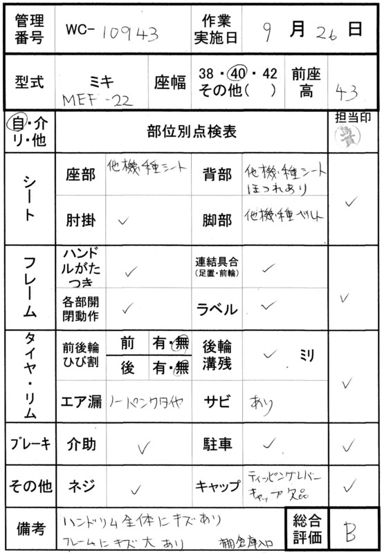 【Bランク 中古 車椅子】ミキ 自走式車椅子 MEF-22 (WC-10943)